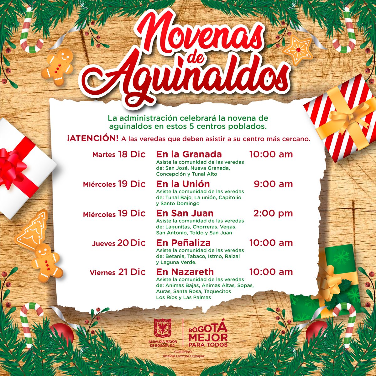 Cronograma de las actividades navideñas en los diferentes corregimientos de Sumapaz