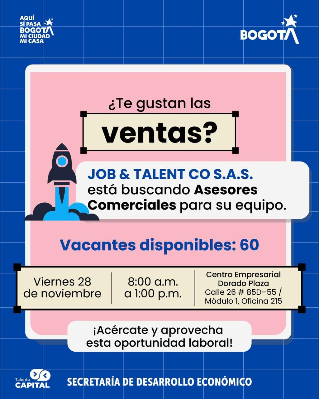 Trabajo Bogotá 60 vacantes asesores comerciales viernes 28 noviembre invitación