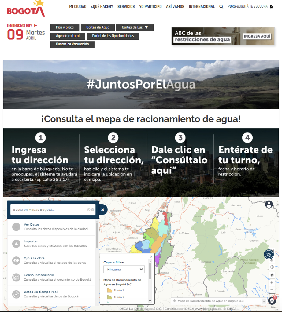 Grafica 1 home ingreso Portal Bogotá y ubicación mapa racionamiento de agua 