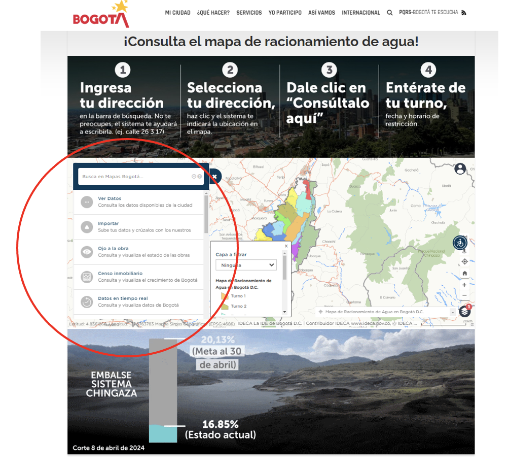 Grafica 2 home ingreso Portal Bogotá y ubicación mapa racionamiento de agua 