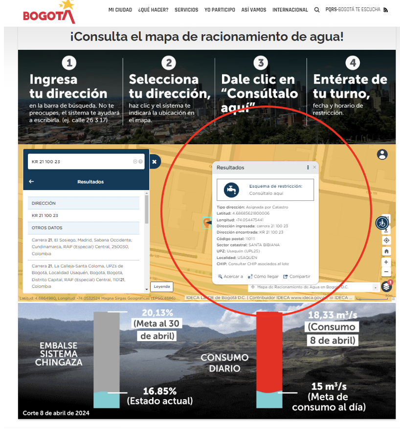 Grafica 3 home ingreso Portal Bogotá y ubicación mapa racionamiento de agua 