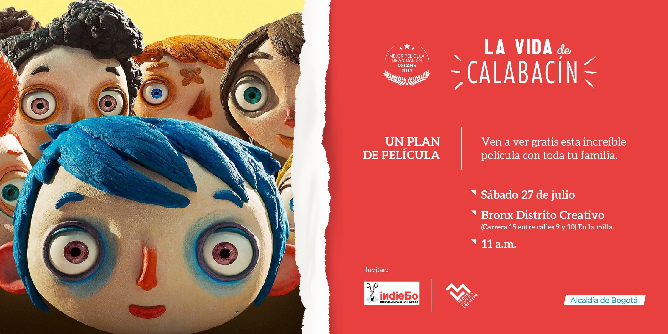 La película 'La Vida de Calabacín', llega a Bogotá y los ciudadanos podemos ir a verla gratis en el Bronx Distrito Creativo 