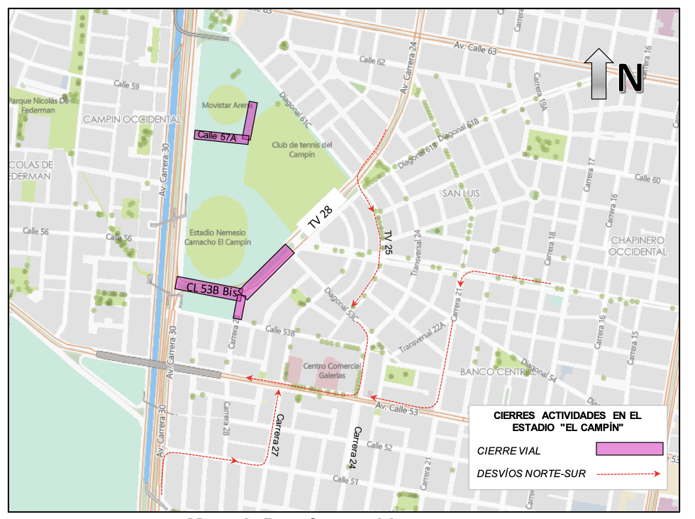Mapa 2 cierres y desvíos por conciertos de Karol G en El Campín de Bogotá 