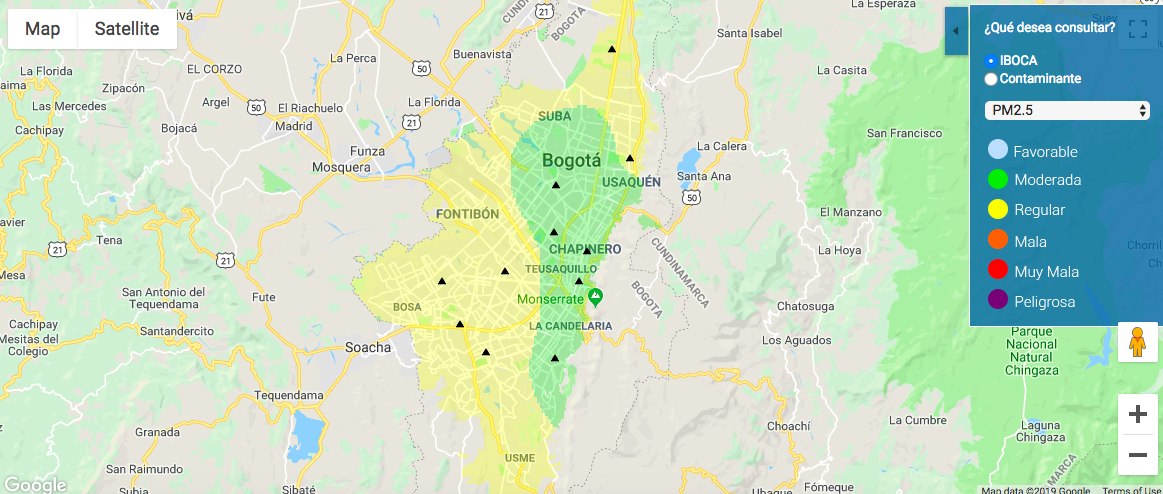 Mapa de calidad de aire en Bogotá