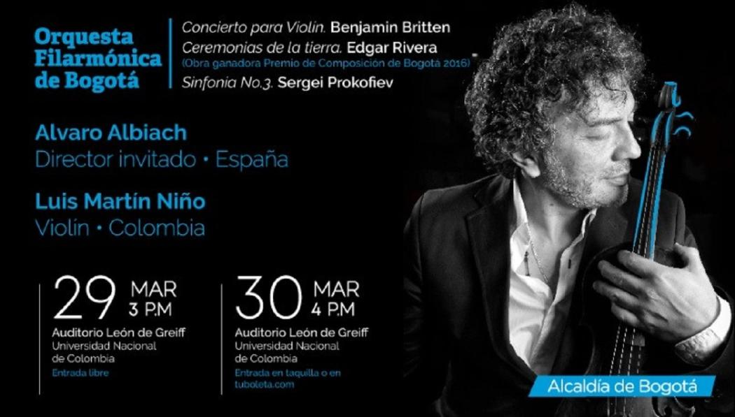 	La Orquesta Filarmónica de Bogotá interpretará el Concierto para violín de Britten y Ceremonias de la tierra de Rivera. Foto: OFB
