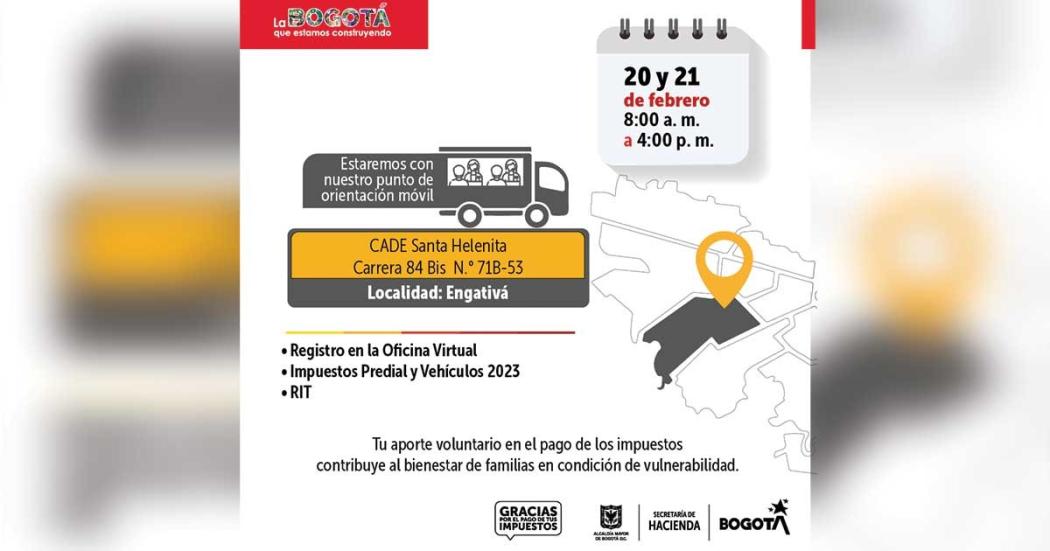Móvil de impuestos Bogotá estará en Santa Helenita, 20 y 21 de febrero