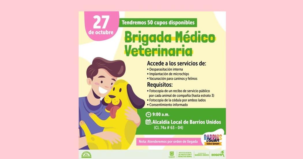 Lleva a tu mascota a la jornada veterinaria en Barrios Unidos el 27 de octubre