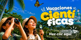 Pieza gráfica promociona Vacaciones Científicas con niños explorando naturaleza, mariposas, microscopio y texto informativo con enlace a inscripciones