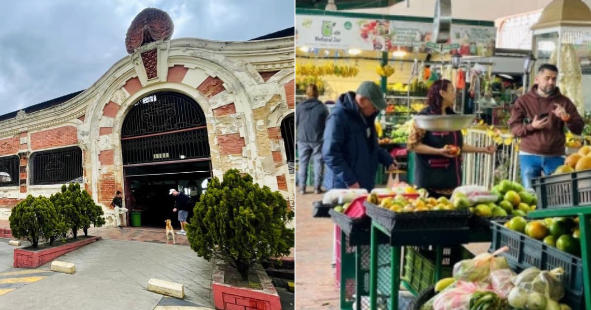 Fotos de fachada de la Plaza de Mercado Las Cruces, visitantes y comerciantes.