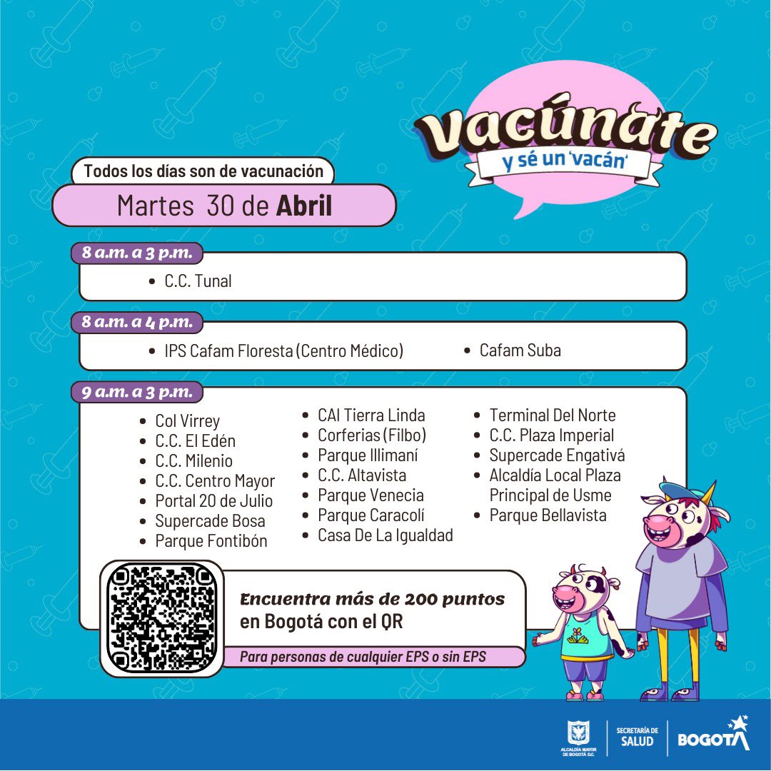 Puntos de vacunación en Bogotá abril 30 2024 
