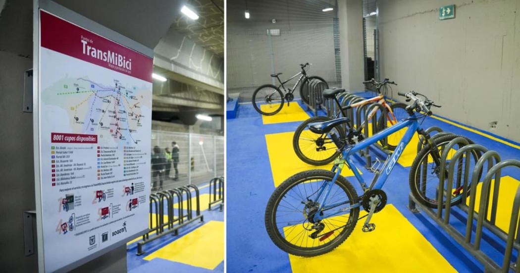 Fotos de bicicletas estacionadas en el sistema de parqueo TransMiBici en la estación Ricaurte de TransMilenio.