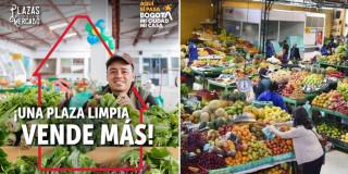 Imagen de la campaña 'Plazas Limpias y Seguras' y bogotanos y bogotanas comprando productos en una las Plazas Distritales de Mercado.