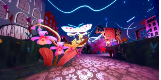 Imagen de un jardín colorido con unas grandes mariposas de colores