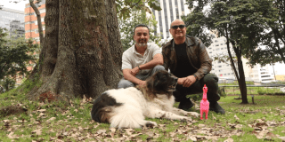Imagen de dos personas junto a un perro de compañía