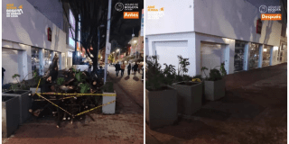 Foto que muestra una imagen residuos en el piso y al lado otra foto en la que ya no se ven residuos