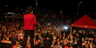 Imagen de un artista cantando en el escenario ante decenas de personas