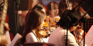 Foto de perfil de una muchacha joven tocando el violín.